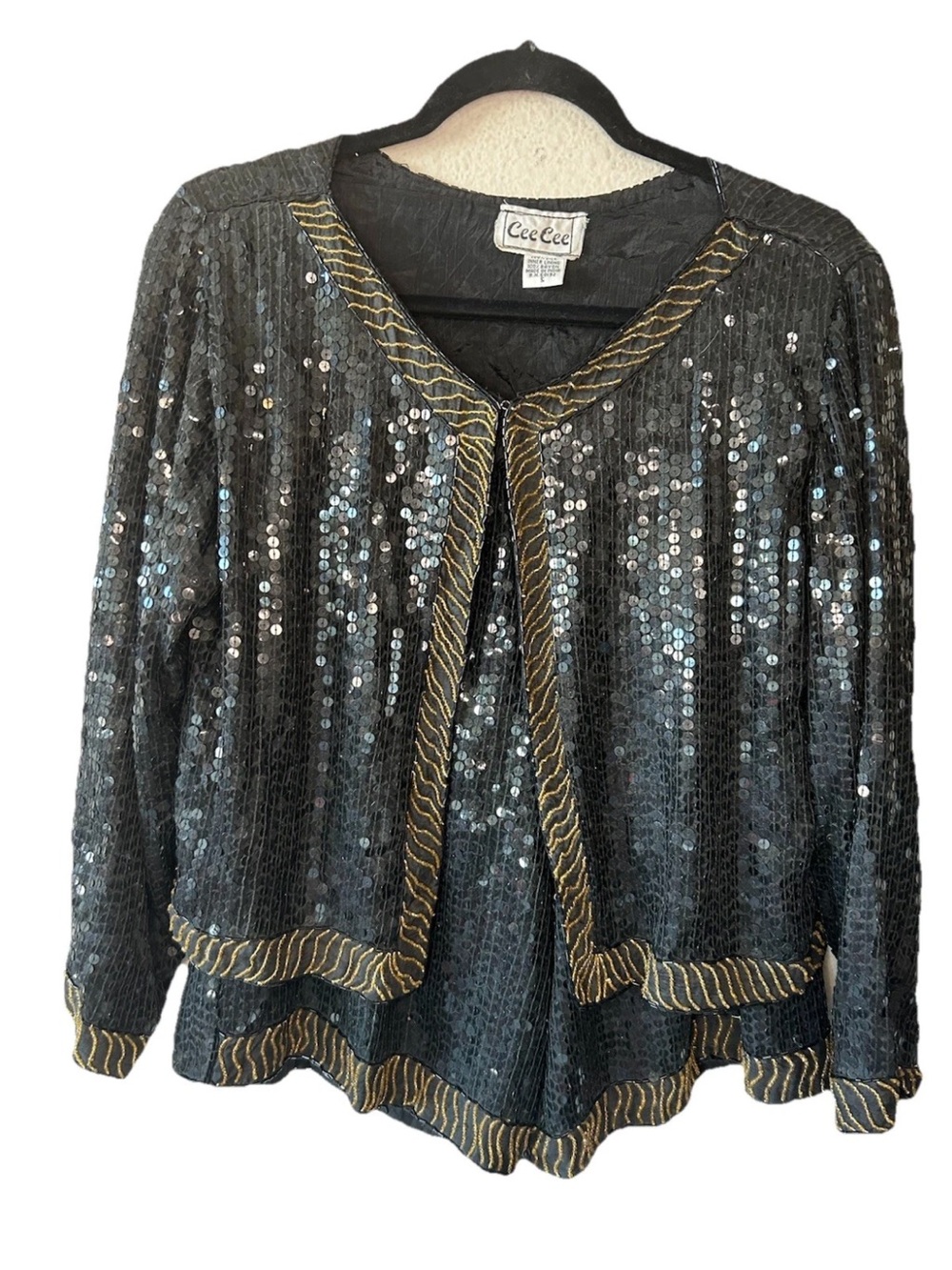Vintage 1980’s Silk Sequin Beaded 2 Pc Set Jacket Shorts Black Gold S Glamour - Picture 10 of 12